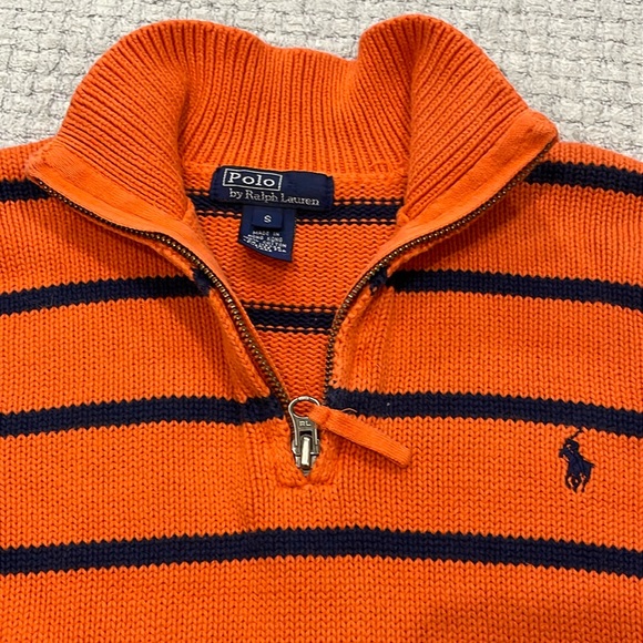 Polo Ralph Lauren Kids Small Unisex 1/4 Zip Knit Sweater Orange & Blue Striped - Picture 4 of 9